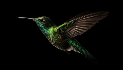 Obraz premium Hummingbird flying, feathered beauty in nature, hovering with spread wings generated by AI