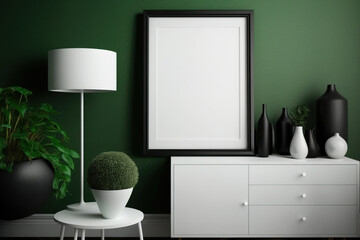 Mockup of a blank picture frame on a green wall. Design of an emerald living room. A view of a contemporary Scandinavian-style room with a mock-up of the art. Concept of minimalism and home staging