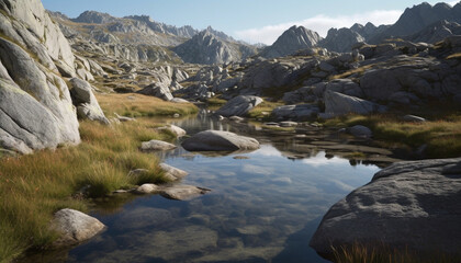 Fototapeta na wymiar Mountain peak reflects tranquil beauty in nature, majestic and serene generated by AI