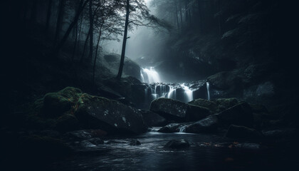 Mysterious forest, dark rock, flowing water, tranquil scene, adventurous wilderness generated by AI