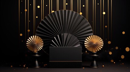 Luxury Chinese black gold marble product podium mockup on the glitter background AI Generative