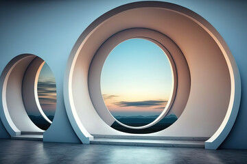 Fototapeta premium Architecture background exterior of curved wall building with round windows. Generative AI