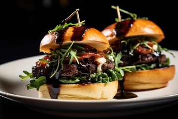 Burger: Mini Angus Beef Sliders with Creamy Goat Cheese, Fresh Arugula, and Balsamic Glaze, All Nestled on Toasted Brioche Buns, Set in Pristine Isolation on a black Background