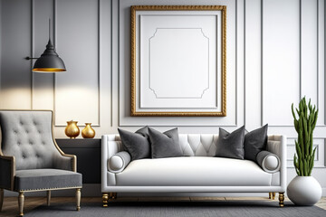Illustration, Interior Scene, Frame Mockup Luxury living room design with sofa and modern armchair. Generative AI