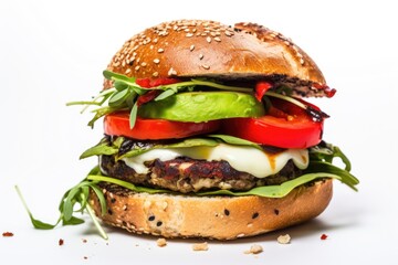 The Gourmet Experience Burger – A Heavenly Gourmet Vegan Burger featuring Creamy Avocado, Vegan Mozzarella, Roasted Red Peppers, and Baby Spinach, Served on a Gluten-Free Bun. White Background