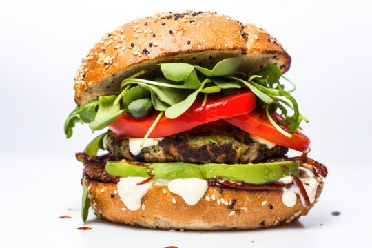 Indulge in The Gourmet Experience Burger: White Background Showcases this Gastronomic Marvel.
