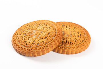 Chinese mid autumn festival moon cake isolated on white background.(the Chinese characters“月饼” means moon cake)