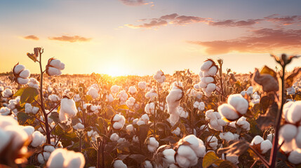 Fair Trade certified cotton field at sunset, warm golden hour light - obrazy, fototapety, plakaty