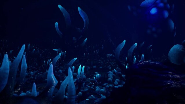 blue alien environment with moving alien plants, 3D animation, animated scene, camera dolly forward slowly
