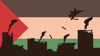 Palestinian conflict vector illustration. Background of Palestine flag with destroyed city and aerial bombing. Landscape illustration of war for social issues, news, invasion and terrorism