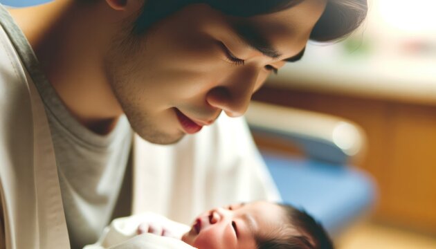 Close-up image in a hospital setting with soft indoor lighting. A new Asian father looks at his newborn baby with emotion