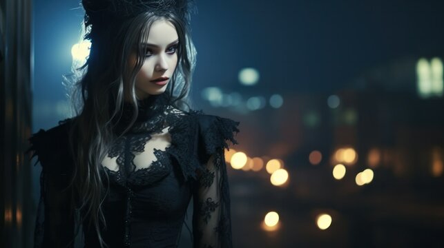 Under the city night lights, a woman in gothic attire stands out with her bold, dark aesthetic, creating a mysterious and captivating presence
