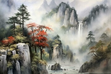 Traditional mountain landscape painting inspired by Japanese sumi-e. Generative AI