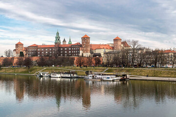 .Wawel castle famous landmark in Krakow Poland. Picturesque landscape on coast river Vistula 