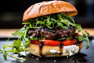 The Gourmet Experience Burger: Wagyu Beef, Creamy Goat Cheese, Roasted Red Peppers, Fresh Arugula, and Balsamic Glaze, Captured in an Extreme Close-Up, Isolated on a Crisp black Background - obrazy, fototapety, plakaty