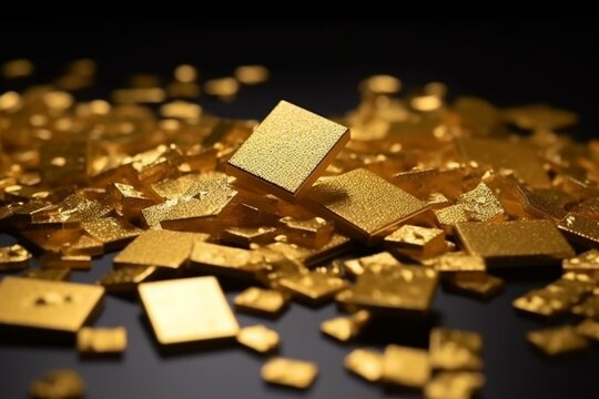 Shiny Square Shaped Gold Confetti Scattered On A Surface. Generative AI