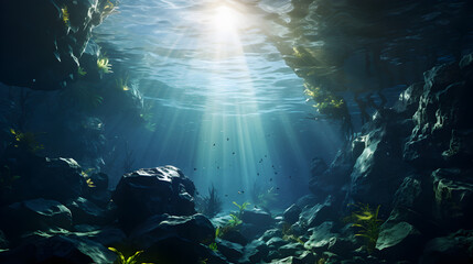 Sunlit underwater cave, A mesmerizing aquatic lair illuminated by sunlight - obrazy, fototapety, plakaty