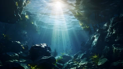 Fototapeten Sunlit underwater cave, A mesmerizing aquatic lair illuminated by sunlight © ELmahdi-AI