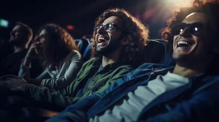 Laughing friends sitting in cinema park watch interesting comedy movie. Banner for a movie theater, people sitting in the movie theater.  - obrazy, fototapety, plakaty