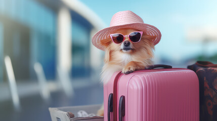 Сute dog sitting near luggage at the airport. Creative concept for summer vacation, tickets for travel, trip with pets.