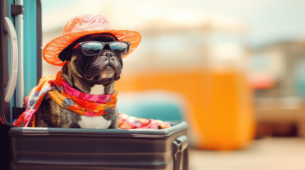 Сute dog sitting near luggage at the airport. Creative concept for summer vacation, tickets for...