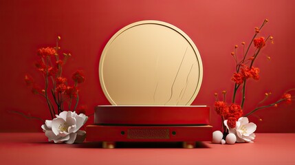 Luxury red gold marble product podium mockup with flower vector on the red background AI Generative