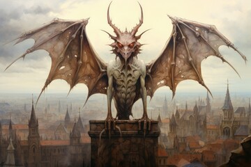 Ornate gothic gargoyles, perched atop ancient cathedrals, watching over the city below - Generative AI - obrazy, fototapety, plakaty