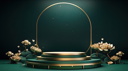 Luxury green gold marble product podium mockup with flower vector on the green background AI Generative