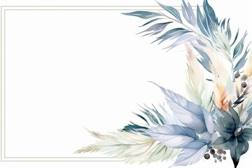 Watercolor frame with palm leaves, flowers, feathers, and pampas grass, perfect for wedding cards and invitations. Generative AI