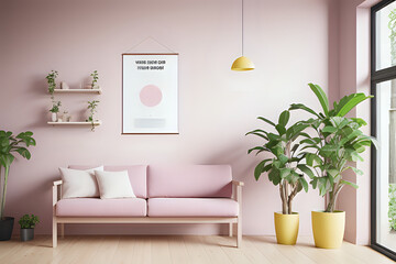 Minimalist pink living room interior with wooden floor, tall window and yellow bench with vertical poster on it. Plant's pot. 3d rendering mock up. Modern living room