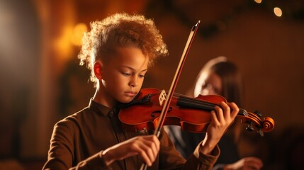 A boy holding a violin, concentrating intensely as he practices a complex piece. - obrazy, fototapety, plakaty