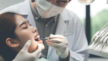 Obraz na płótnie Canvas Close-up image in a dental clinic with soft indoor lighting. A dentist, of a particular descent, is engrossed in a routine check-up while the patient