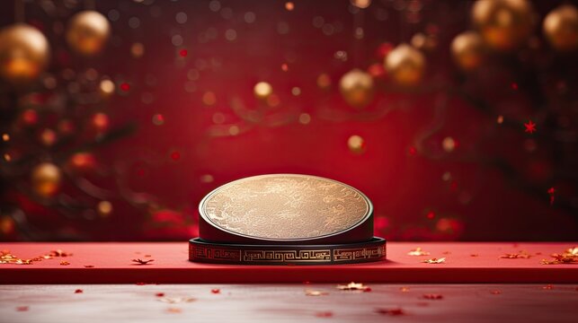 Luxury red gold podium mockup product with flower on the glitter background AI Generative
