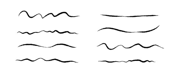 Rough jagged lines set. Grunge wavy brush strokes collection. Black underlines textured curved pen squiggles. Hand drawn imitation elements for banner, banner, decoration. Doodle uneven waves. Vector