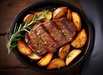 A Brown Casserole Dish Bursting with Savory Steak and Herb-Infused Potatoes, a Gastronomic Delight