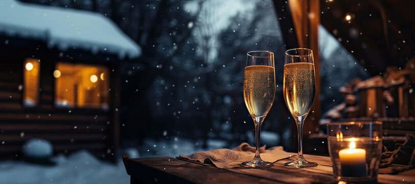 Two champagne glasses on a wooden table outdoors in winter, with a cozy cabin in the background. Celebration, new year's toast concept.