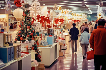 Retro Christmas Shopping in the 60s: A Nostalgic Scene of People Crowding the Stores, Searching for Holiday Gifts.

 - obrazy, fototapety, plakaty