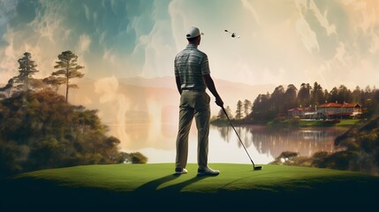 In this picturesque golf course scene, a skilled golfer tees off over a serene water lake, perfectly capturing the essence of the sport's precision and the beauty of the outdoors.
