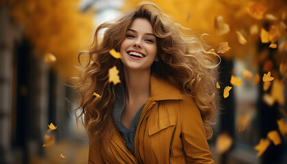 Naklejka premium Joyful Autumn Stroll, A Radiant Woman Embracing Seasonal Delight
