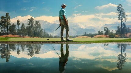 Naklejka premium In this captivating moment on the golf course, a skilled golfer demonstrates precision and focus as they prepare to take a crucial putt, a true testament to the art and sportsmanship of golf.