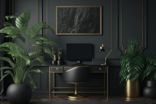In a real snapshot of a dark living room with molding on the walls, green plants, a contemporary painting, and a home office desk with an empty screen computer. Generative AI - Powered by Adobe