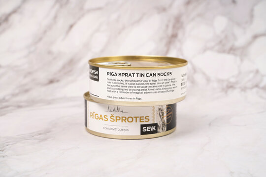 Illustrative editorial of socks in a can Rigas Sprotes photographed in Clarkston MI USA on 07 20 2023