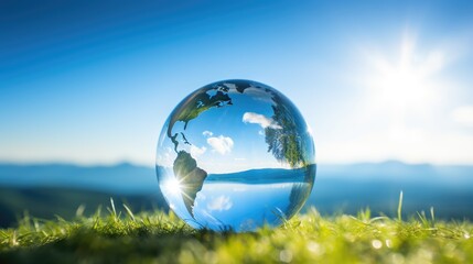 Obraz na płótnie Canvas Globe in Nature: A Transparent Glass Sphere Holding Planet Earth Gently Placed Amidst Nature's Beauty, Reflecting Sunlight, Offering Ample Copy Space.