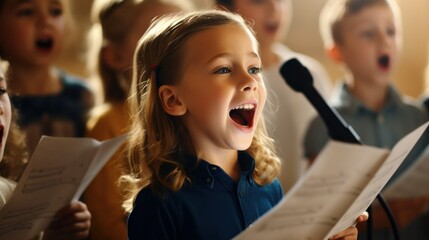 A group of children, various ages, singing vibrantly in their music class, sheet music in hand