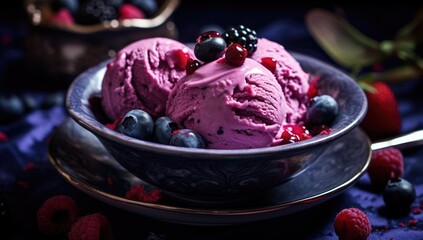 Blueberry Ice Cream, a Refreshing Frozen Dessert, Adorned with Fresh Berries in a Bowl on a Dark Background