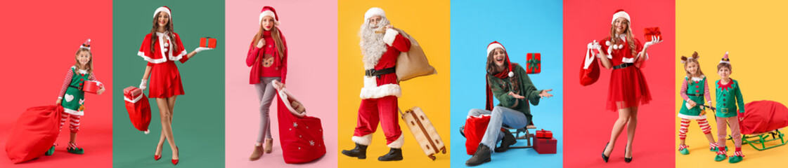 Set of people in Santa and elves costumes on colorful background