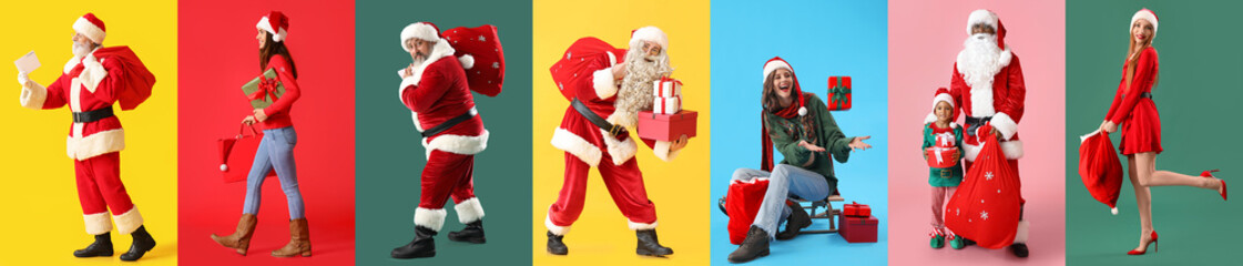 Set of people in Santa costumes on colorful background