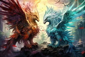 Loyal griffins, majestic creatures with the body of a lion and the wings of an eagle - Generative AI