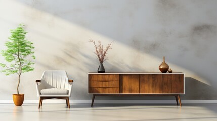 Obraz premium Modern Living Room with Wooden Cabinet, Dresser and vases: Scandinavian Elegance