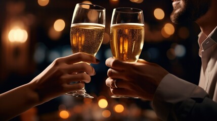 In a buzzing bar, a couple raises a toast, their glasses clinking in celebration